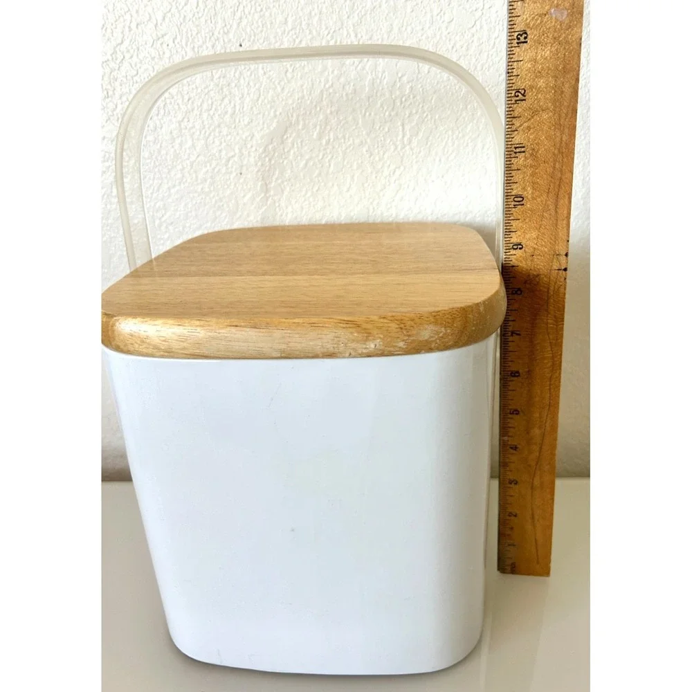 Vintage Culver Ice Bucket White Vinyl Wrap Wood Lid Lucite Handle Barware 13